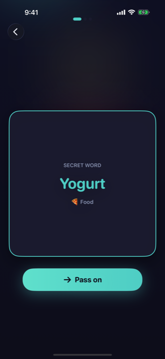 A player card in BluffIt! showing the secret word