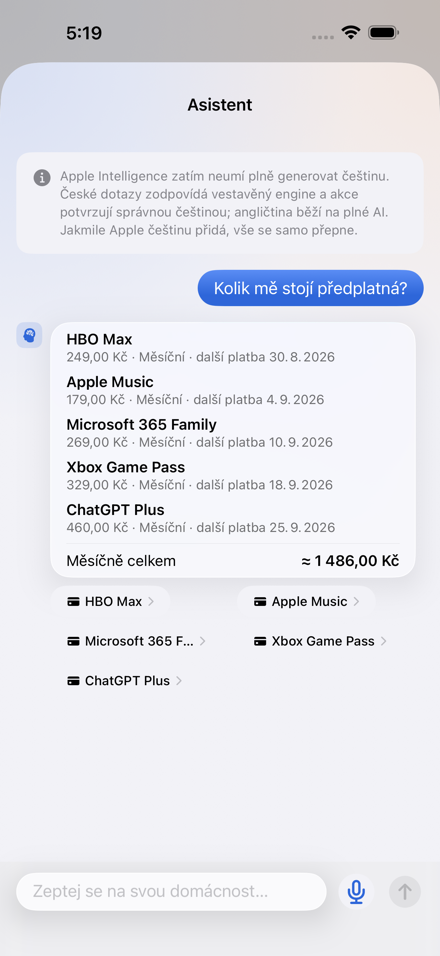AI asistent v Central Brain odpovídá přímo v telefonu na dotaz, kolik měsíčně stojí předplatná.