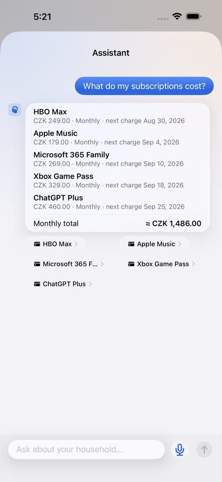 The on-device AI assistant in Central Brain answering a question about how much the subscriptions cost per month.