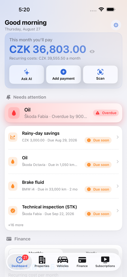 The Central Brain dashboard: what you pay this month and what needs attention — service, oil and an approaching technical inspection (MOT).