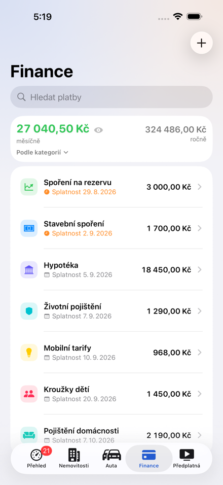Finance v Central Brain: platby podle splatnosti — hypotéka, životní pojištění i spoření, s rozpadem podle kategorií.