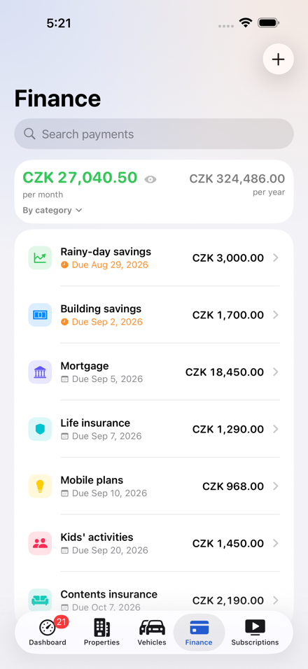 Finance in Central Brain: payments by due date — mortgage, life insurance and savings, broken down by category.
