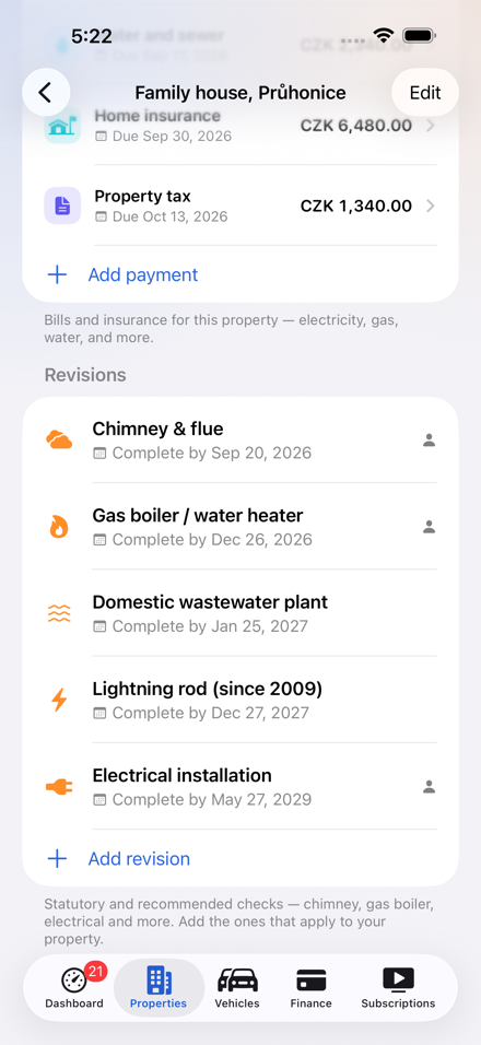 A house detail in Central Brain: home insurance and property tax alongside chimney, gas boiler and electrical inspections.