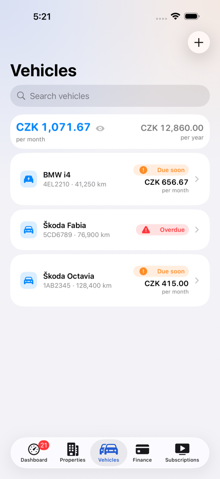 The vehicle list in Central Brain — a BMW i4, a Skoda Fabia and an Octavia with their monthly costs and a warning about approaching dates.