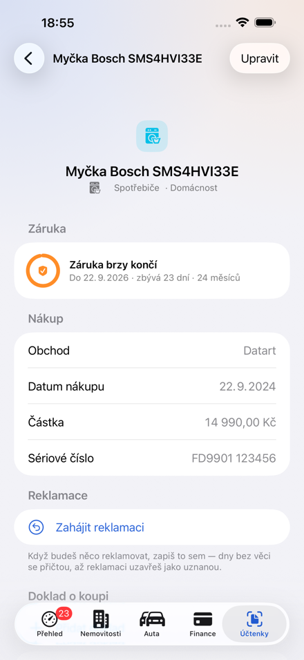 Detail účtenky v Central Brain: myčka Bosch se zbývajícími dny záruky, obchodem, datem nákupu i tlačítkem pro zahájení reklamace.