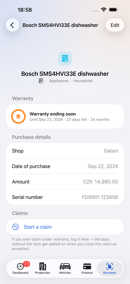 A receipt detail in Central Brain: a Bosch dishwasher with the days left on its warranty, the shop, the date of purchase and a button to start a claim.
