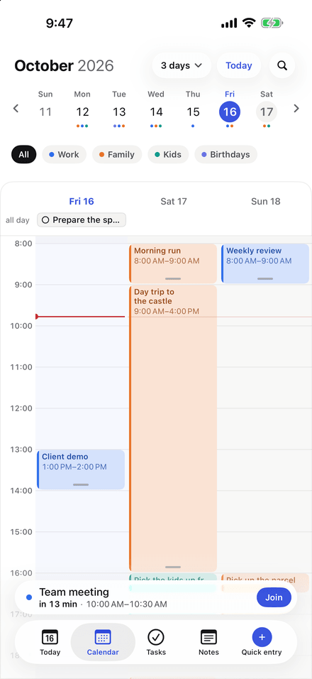 The NerveDay calendar on iPhone: three days side by side, a week strip and filters for individual calendars.