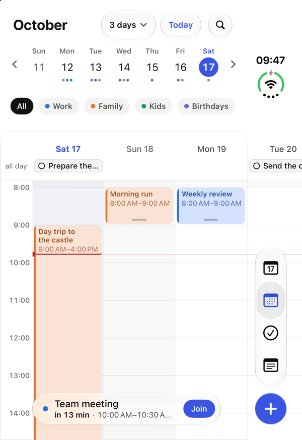 The NerveDay calendar on iPhone Duo: three days side by side with a glimpse of the fourth, a week strip and filters for individual calendars.