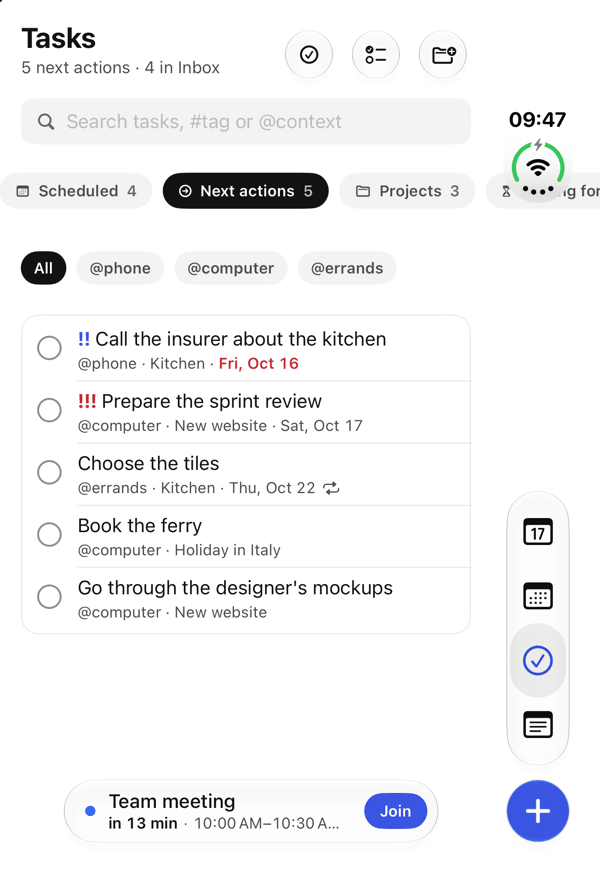 Tasks in NerveDay on iPhone Duo: Next actions filtered by context, with priorities and due dates.