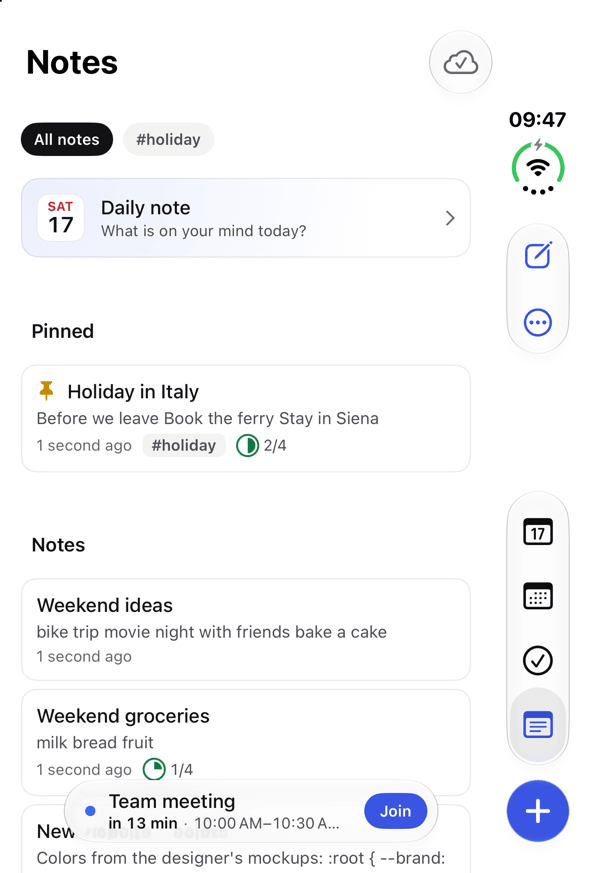 Notes in NerveDay on iPhone Duo: the daily note, a pinned note with a tag and the list of other notes.