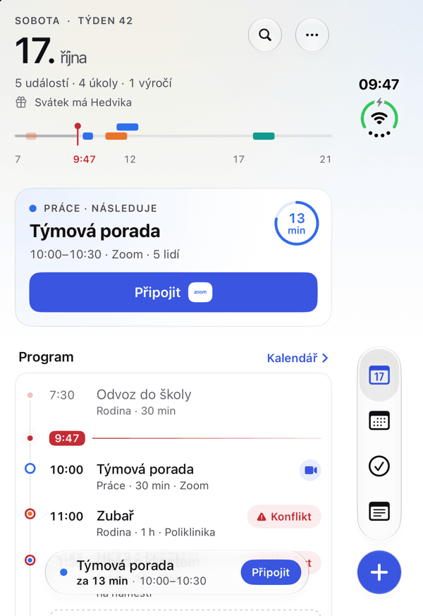NerveDay na skládacím iPhonu Duo: obrazovka Dnes s průběhem dne, nejbližší schůzkou s odpočtem a tlačítkem Připojit a programem s kolizemi.