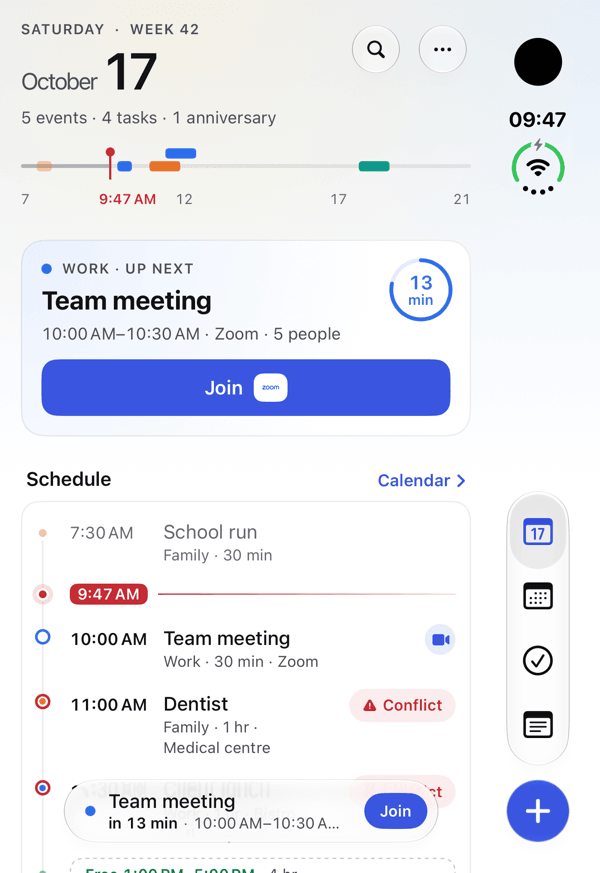 NerveDay on the foldable iPhone Duo: the Today screen with the day's progress, the next meeting with a countdown and a Join button, and the schedule with conflicts.