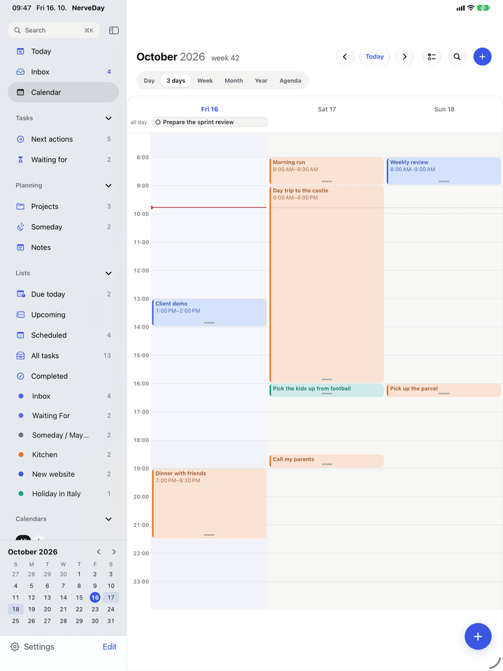 NerveDay on iPad: a three-day calendar next to the sidebar with tasks, lists and a month calendar.