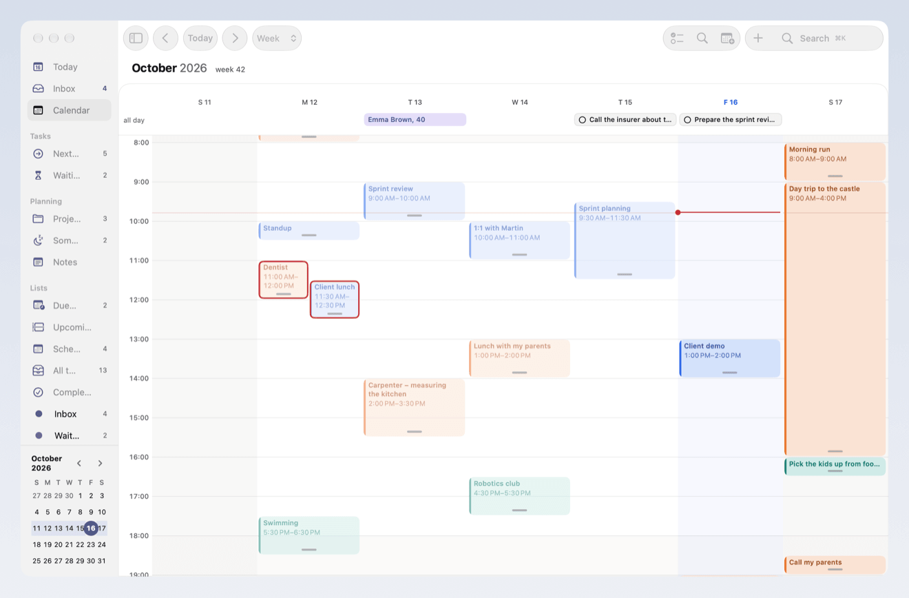 NerveDay's calendar on the Mac: a whole week by the hour, all-day events on top and conflicts highlighted in red.