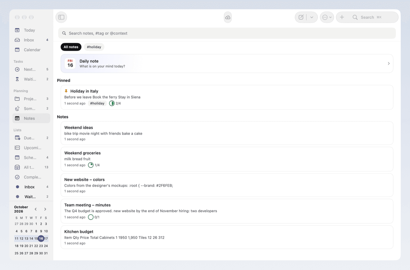 Notes in NerveDay on the Mac: the daily note, a note pinned with the #holiday tag and a list of other notes with task progress.