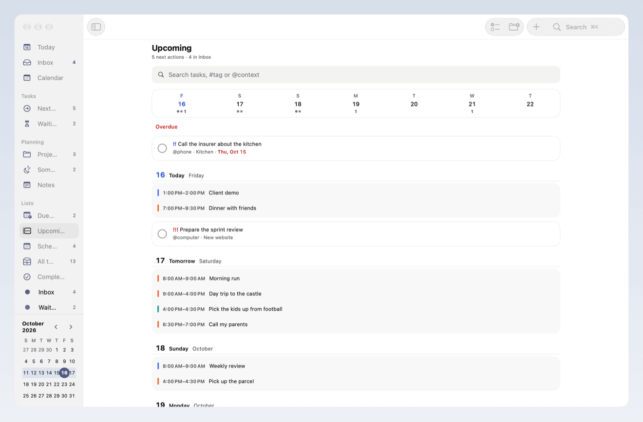Upcoming in NerveDay on the Mac: a week strip, an overdue task, and events and tasks for the next few days in one list.