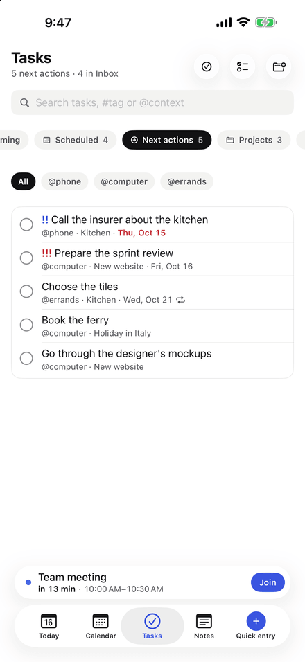 Tasks in NerveDay: Next actions filtered by context, with priorities and due dates.