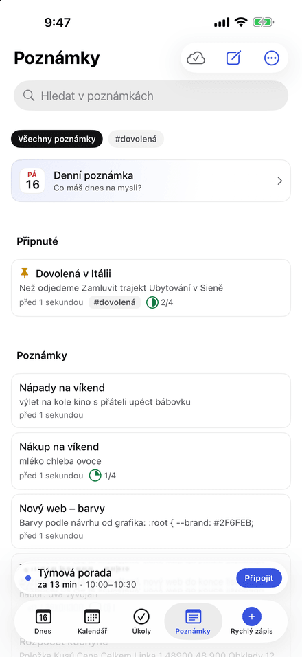 Poznámky v NerveDay: denní poznámka, připnutá poznámka se štítkem #dovolená a seznam dalších poznámek.
