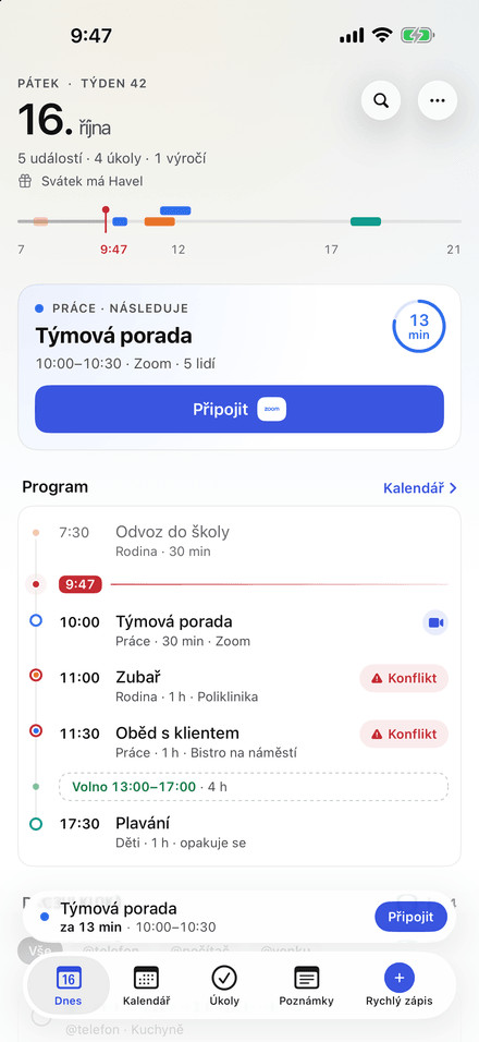 Obrazovka Dnes v NerveDay na iPhonu: datum, průběh dne, nejbližší schůzka s odpočtem a tlačítkem Připojit a program s volným oknem a kolizemi.