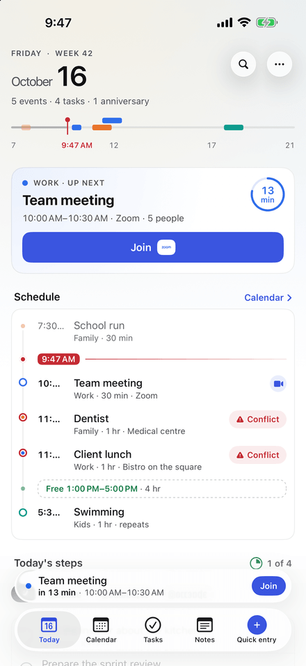 The Today screen of NerveDay on iPhone: the date, the day's progress, the next meeting with a countdown and a Join button, and the schedule with free time and conflicts.